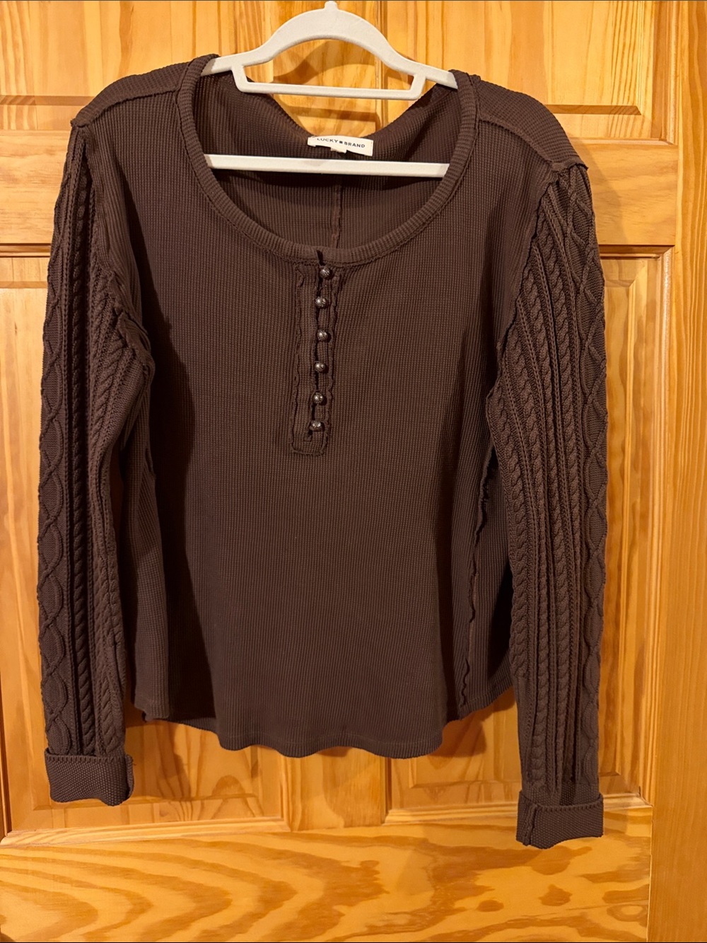 Lucky Brown Cable-Sleeve Henley Thermal Top w/ Cable Sweater Sleeves NWOT Size L